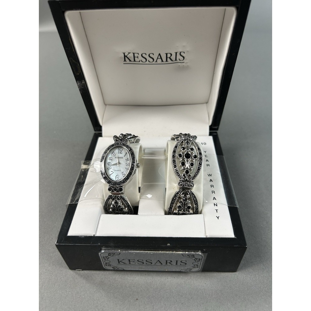 Kessaris Women's Quartz Watch & Matching Bracelet Set Silver Tone Untested